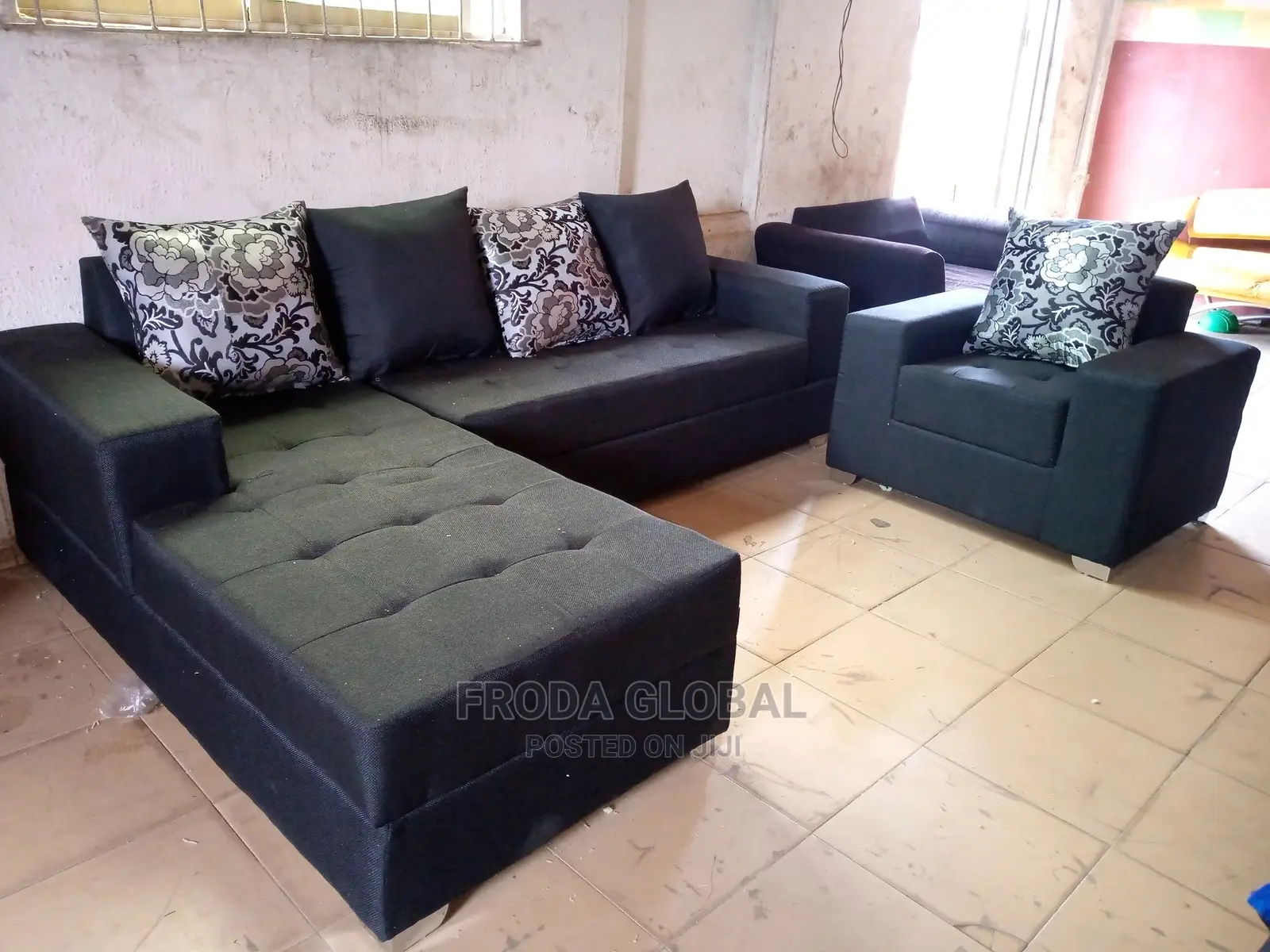 LShape Sofa With Single Seater Chair. Black Fabric in Ikeja