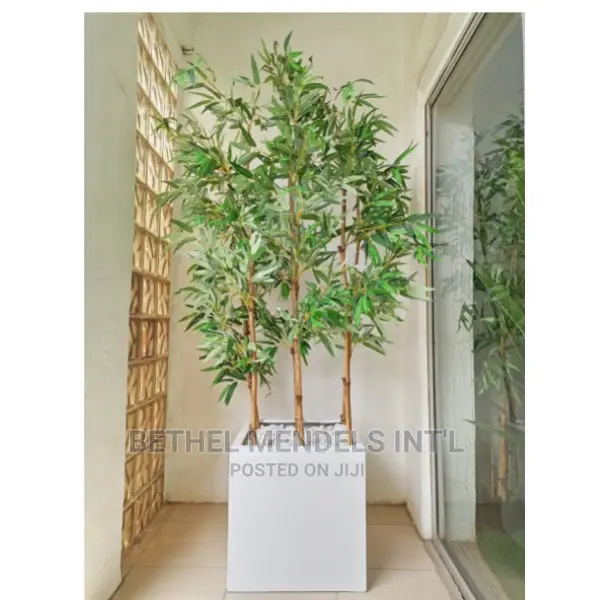 Combo of Square Fiberglass Flower Pot and Fake Bamboo Plants in