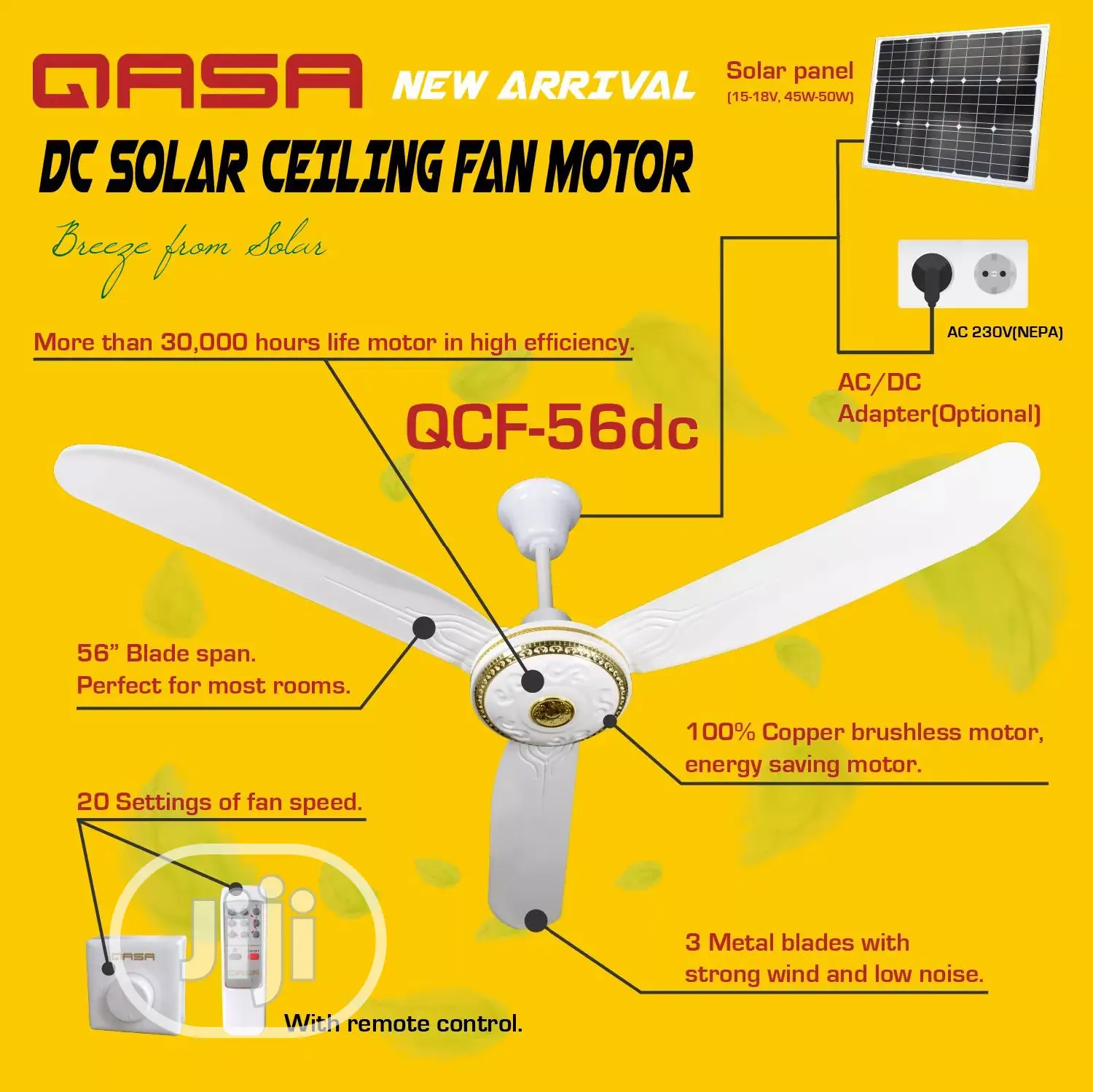 QASA Ac/Dc Ceiling Fan With Solar Panel 50watt in Lekki - Solar Energy ...